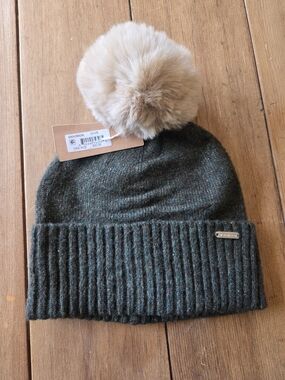 Steve Madden Olive Knit Pom Beanie with Faux Fur Pom